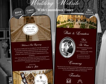 Modelo de site para casamento da velha guarda | Convite digital clássico e elegante em tom bordô com contagem regressiva (Canva)