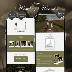 Olive Green Wedding Website Template Canva | Digital Wedding Invitation with RSVP And Countdown Timer (Digital Download)