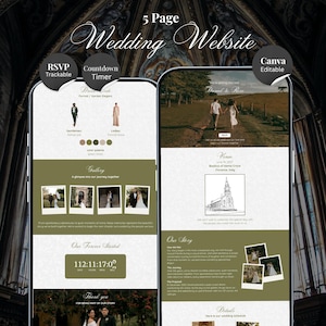 Olive Green Wedding Website Template Canva | Digital Wedding Invitation with RSVP And Countdown Timer (Digital Download)