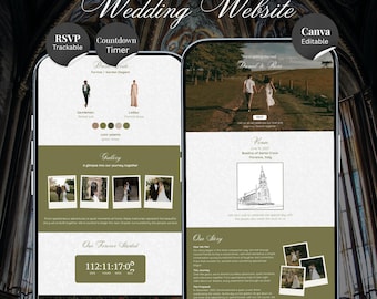 Olive Green Wedding Website Template Canva | Digital Wedding Invitation with RSVP And Countdown Timer (Digital Download)