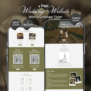 Olive Green Wedding Website Template Canva | Digital Wedding Invitation with RSVP And Countdown Timer (Digital Download)
