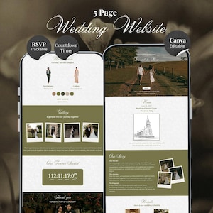 Olive Green Wedding Website Template Canva | Digital Wedding Invitation with RSVP And Countdown Timer (Digital Download)
