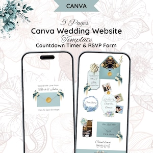 Dusty Blue Canva Wedding Website Template | RSVP Form & Countdown Timer | Elegant Floral Digital Invitation Design