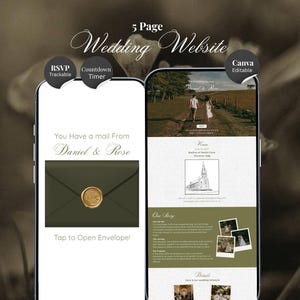Olive Green Wedding Website Template Canva | Digital Wedding Invitation with RSVP And Countdown Timer (Digital Download)