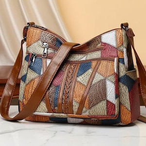 Bolso bandolera de piel sintética con diseño de patchwork: elegante bolso de hombro con múltiples bolsillos.