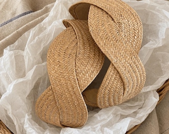 Boho Woven Straw Headband, Wide Braided Raffia Hair Hoop