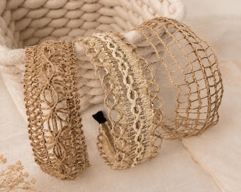 Diadema de rafia tejida, diadema de paja natural, accesorio ancho de estilo bohemio.