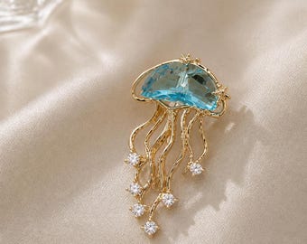 Blaue Kristallqualle Brosche Pin, Goldfarbener Ozean Inspiriert Revers Schmuck