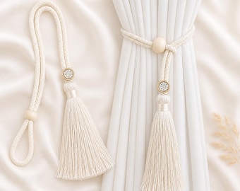 Prendedores de cortina com borla de corda trançada e detalhe de cristal, decoração boho para cortinas.