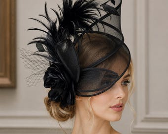 Feather Fascinator Hat, Flower Mesh Wedding Headpiece, Derby Tea Party Hat