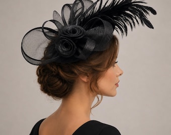 Women’s Feather Fascinator Hat, Elegant Flower Mesh Headpiece with Feather, Tea Party Wedding Derby Hair Accessory