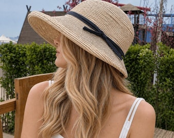 Wide Brim Straw Sun Hat with Black Bow, Boho Beach Vacation Floppy Hat