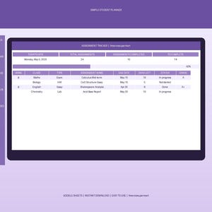 May include: A digital student planner interface with a purple and white color scheme. The screen displays an assignment tracker with columns for due dates, status, and grades. The text "SIMPLE STUDENT PLANNER" is at the top.