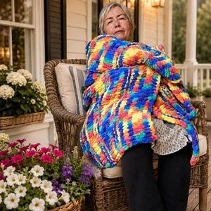 May include: A chunky, hand-knitted throw blanket featuring a vibrant, multi-colored pattern of bright blue, yellow, orange, and pink yarn. The blanket has a thick, textured, looped appearance and is draped over the lap and shoulders.
