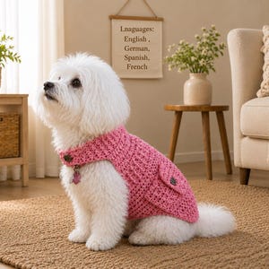 May include: A small white dog with fluffy fur wearing a bright pink crocheted sweater. The sweater features a textured knit pattern, a high collar, and a small pocket on the side. A dark button is visible on the collar and on the pocket flap.