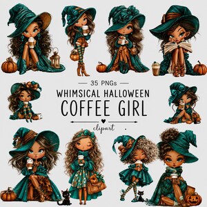 Puede incluir: Una colección digital de 35 archivos PNG titulada Whimsical Halloween Coffee Girl clipart. Las imágenes muestran personajes con cabello largo y ondulado que usan sombreros de bruja y atuendos de color verde azulado, sosteniendo tazas de café y rodeados de calabazas.