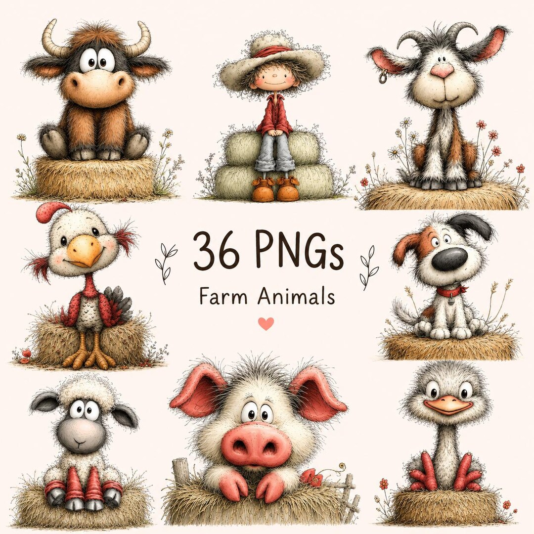36 Farm Animals PNG Bundle, Cute Farm Animal Clipart, Whimsical Cow Pig ...