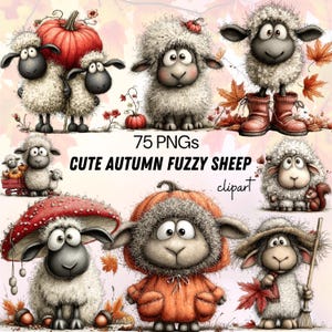 May include: A digital collection of 75 PNG files featuring illustrations of fuzzy sheep in autumn settings. The sheep are depicted with pumpkins, red mushrooms, fall leaves, and wearing boots or hats, with the text 75 PNGs CUTE AUTUMN FUZZY SHEEP clipart.