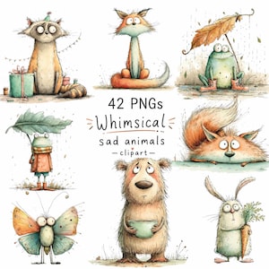 Op de afbeelding: Een verzameling van 42 PNG-clipartafbeeldingen van grillige, verdrietige dieren in aquarel. De afbeelding toont een wasbeer, vos, kikker, eekhoorn, beer, vlinder en konijn, elk met een bedroefde uitdrukking. De tekst "42 PNGs Whimsical sad animals - clipart-" is ook opgenomen.