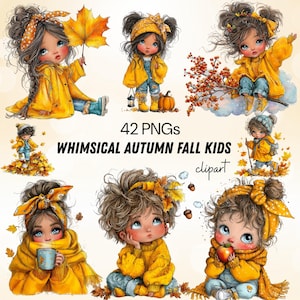 Op de afbeelding: Een digitale collectie van 42 PNG-bestanden getiteld 42 PNGs WHIMSICAL AUTUMN FALL KIDS clipart. De afbeeldingen bevatten illustraties van kinderen met bruin haar die gele truien, sjaals en hoofdbanden dragen, omringd door herfstbladeren, pompoenen en bessen.