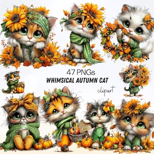 May include: A collection of digital illustrations featuring kittens with large green eyes, sunflowers, autumn leaves, and pumpkins. The text 47 PNGs WHIMSICAL AUTUMN CAT clipart is centred among the various cat characters wearing green scarves.