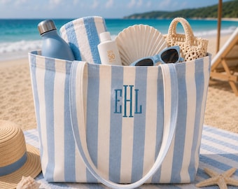 Personalized Striped Beach Tote Bag, Custom Monogram Tote, Embroidered Initial Beach Bag, Custom Font Tote Bag, Bridesmaid Gift