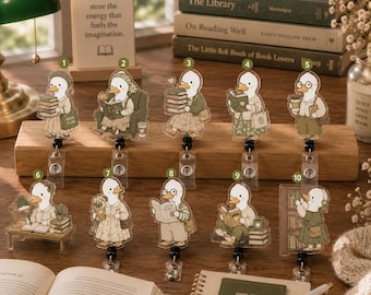 Cute Library Goose Badge Reel, Book Lover Acrylic Badge Holder, Reading Goose ID Reel, Librarian Gift, Teacher Badge Clip