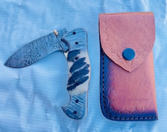 Handmade Damascus Folding Knife with Leather Sheath Personalized Gift for Him Custom Engraved Pocket Knife Outdoor EDC Tool Gift for Husband