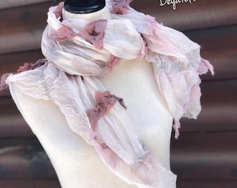 Rose In Cloud - Nuno Felted Fluffy Silk and Extra Fine Merino scarf - Fine Felted Accessory - Burning Man Fest Costume Accessory