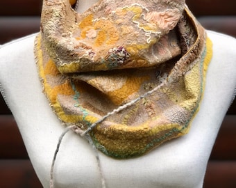 Joan Miro Inspired Nuno Felted Fine Fiber Art Scarf Bactus Neckerchief Accessory In Yellow and Beige