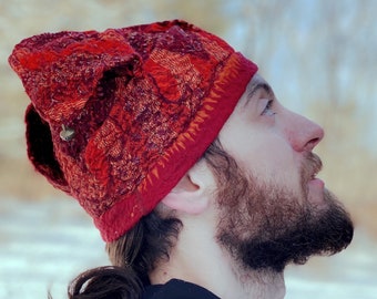 Red Jester Felted silk merino art Hat