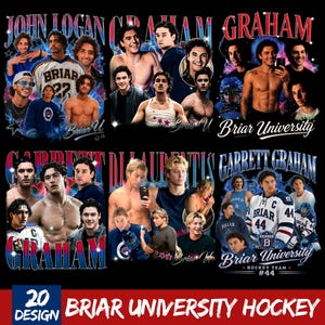 May include: Black graphic tee featuring multiple images of men, the text "JOHN LOGAN GRAHAM", "GARRETT DI LAURENTIS", and "GARRETT GRAHAM". The words "Briar University" and "Briar University Hockey" are also visible.