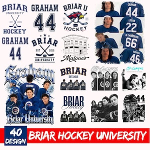 以下が含まれることがあります： 「Briar Hockey University」のブランドイメージをフィーチャーした画像のコラージュ。番号付きのホッケーユニフォーム、チームロゴ、選手の写真が含まれています。「40 DESIGN」と「BEST BURGERS IN HASTINGS, MA」のテキストもデザインに組み込まれています。