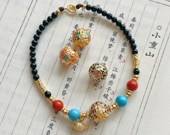 Pulsera de cuentas de la fortuna Zhao Gongming tejida a mano en cloisonné con cuentas de piedra natural.