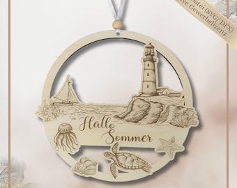 Guirnalda decorativa náutica de verano cortada con láser para puerta – Hola Verano con faro, tortuga y conchas | Archivo digital SVG/DXF con licencia comercial