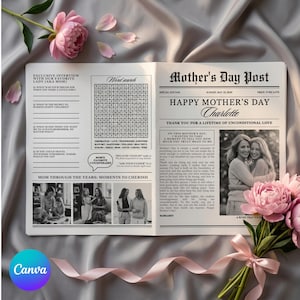 Peut inclure: Une composition sur le thème du journal de la fête des mères avec des pivoines roses et un ruban de satin. Le journal présente une recherche de mots, des questions d'entrevue et une photo de deux femmes. Le titre est "Happy Mother's Day Charlotte."