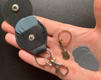 Guitar Pick Holder Kit with Picks Swivel Clip and Guitar Charm Keychain (Black/Brown)