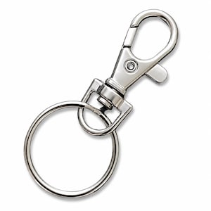May include: A shiny silver-colored swivel clasp keychain with a large circular key ring. The clasp has a spring-loaded mechanism for easy attachment. The keychain is made of metal and is designed for holding keys or other small items.