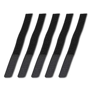 May include: Five black hook and loop straps arranged diagonally across the frame. Each strap has a textured, fuzzy surface and a rectangular end. The straps are designed to secure and organize cables or other items.