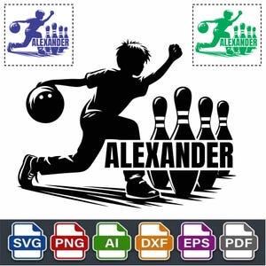 May include: A black silhouette graphic of a person bowling with a ball in hand, positioned next to four bowling pins. The name ALEXANDER is printed in bold, black capital letters across the center of the design. The image includes smaller blue and green versions of the same graphic, along with icons for SVG, PNG, AI, DXF, EPS, and PDF file formats.