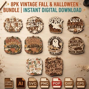 Peut inclure: Un lot de 8 fichiers numériques sur le thème de l'automne et d'Halloween. Le texte inclut Retro Fall Vibes Only, Retro Ghost Party, Spooky Vibes, Cozy Campfire Nights, Grateful Thankful Blessed, Winking Ghost With Moon et Pumpkin Spice State of Mind.