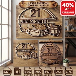 2-Pack American Football Helmet Split Monogram SVG Laser Cut File Custom Name Football Decal Clipart Vector Bundle For Cricut Silhouette