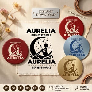 Puede incluir: Un diseño con el nombre "Aurelia" y las palabras "Defined by Grace", con una silueta de mujer en una luna creciente, disponible en rojo, azul y dorado. Incluye formatos SVG, PNG, AI, EPS, DXF y PDF.