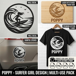 custom surfer girl svg - personalized beach name sign retro sunset wave outline coastal bedroom decor laser cut cricut vinyl decal