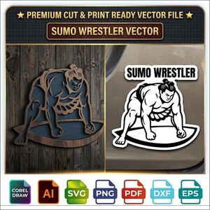 Könnte beinhalten: Ein digitales Dateiset mit einer Sumo-Ringer-Vektorgrafik. Das Design zeigt einen Ringer in geduckter Haltung auf einer kreisförmigen Basis. Der Text "SUMO WRESTLER" ist enthalten. Dateiformate: Corel Draw, AI, SVG, PNG, PDF, DXF und EPS.