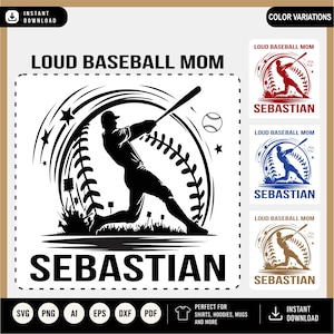 Op de afbeelding: Zwart-wit grafisch ontwerp met een honkballer die een bal slaat, met de tekst "LOUD BASEBALL MOM" en "SEBASTIAN". Inclusief kleuropties in rood, blauw en bruin.