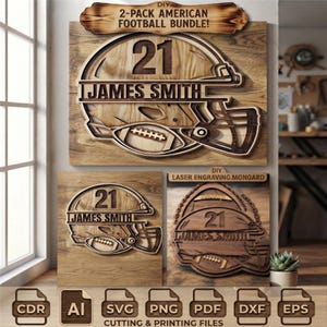 2-Pack American Football Helmet Split Monogram SVG Laser Cut File Custom Name Football Decal Clipart Vector Bundle For Cricut Silhouette