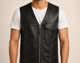 Ręcznie robiona męska czarna skórzana kamizelka, kamizelka motocyklowa ze skóry naturalnej, kamizelka w stylu western zapinana z przodu na zamek, spersonalizowany prezent dla niego, dopasowany krój
