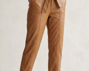 Handmade Cowhide Leather Trousers | Custom High Waist Leather Pants | Personalized Slim Fit Ankle Cuff Trousers for Women