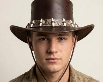 Handmade Brown Leather Outback Cowboy Hat | Western Bush Style, Customizable Gift